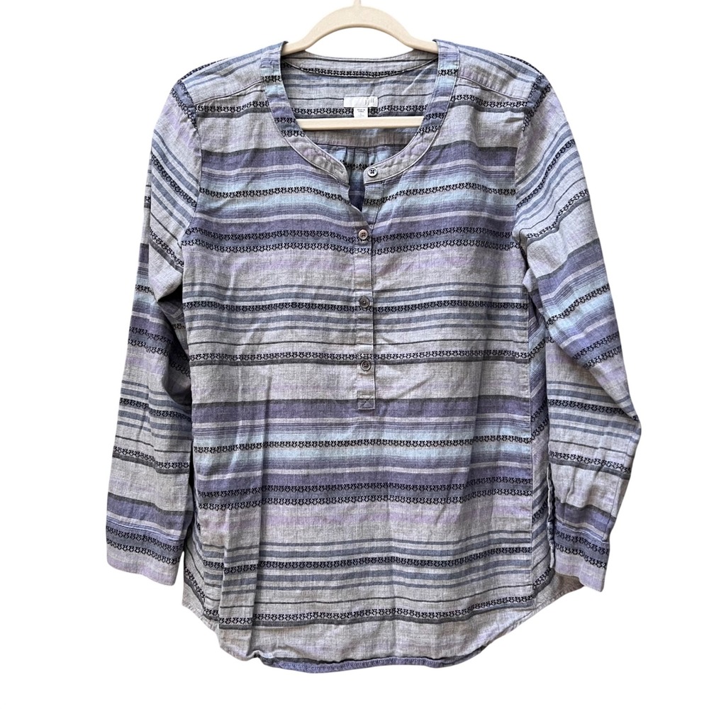 J. Jill Women's Purplish Blue Striped Cotton Henley Tunic Top Lg petite EUC